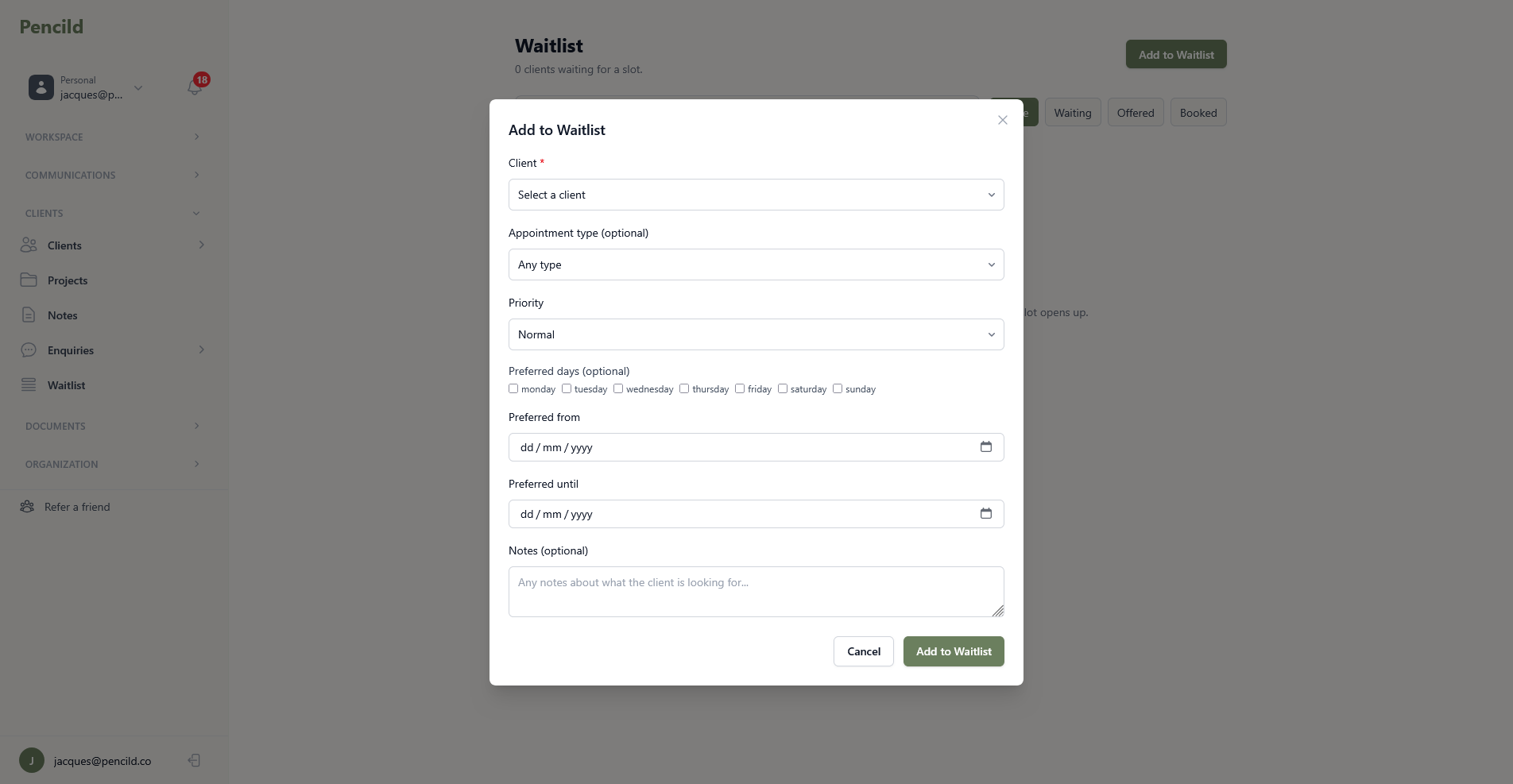 pencild waitlist showing add to waitlist modal with client selection and priority settings