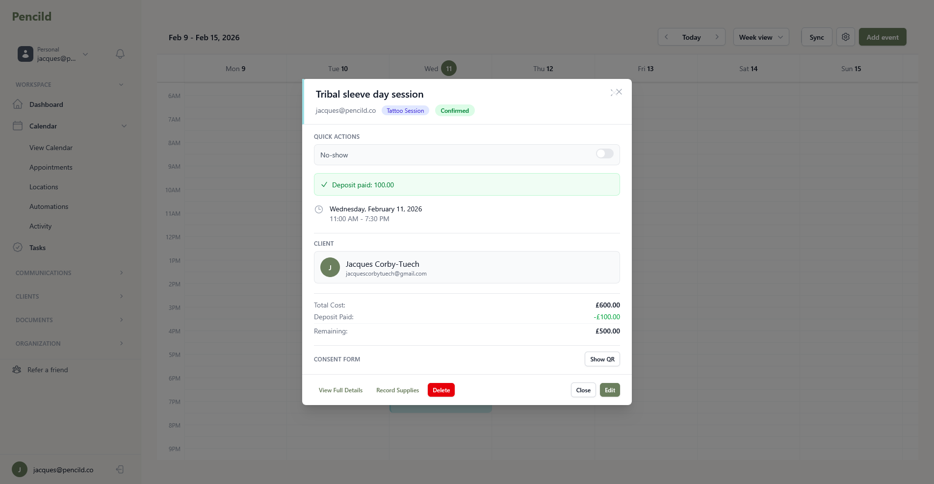 pencild appointment detail modal showing session info, deposit tracking, client details, and consent form status