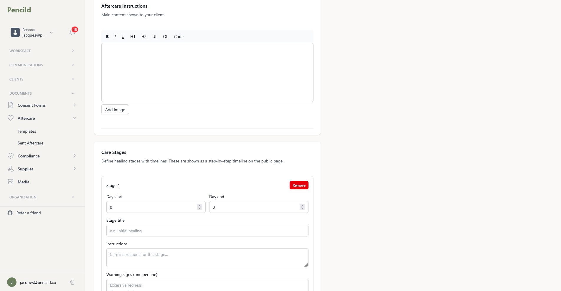 pencild aftercare template builder with care stages, healing timelines, and warning signs
