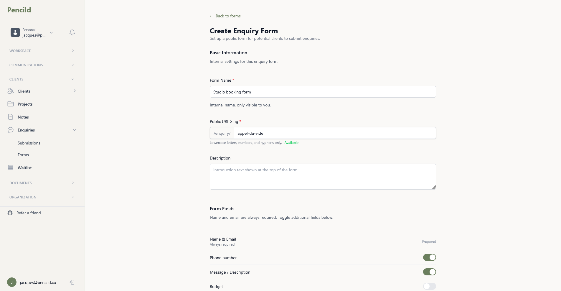 pencild enquiry form builder showing configurable fields and public URL slug