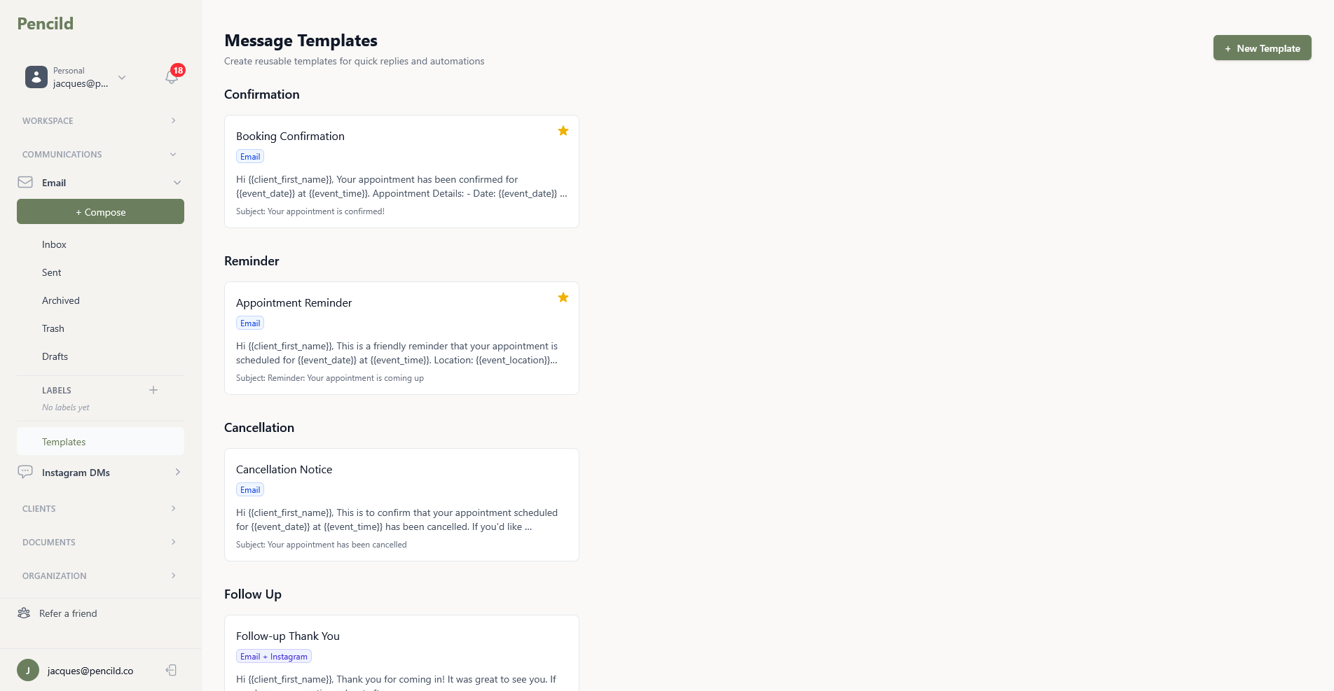 pencild message templates showing confirmation, reminder, cancellation, and follow-up categories