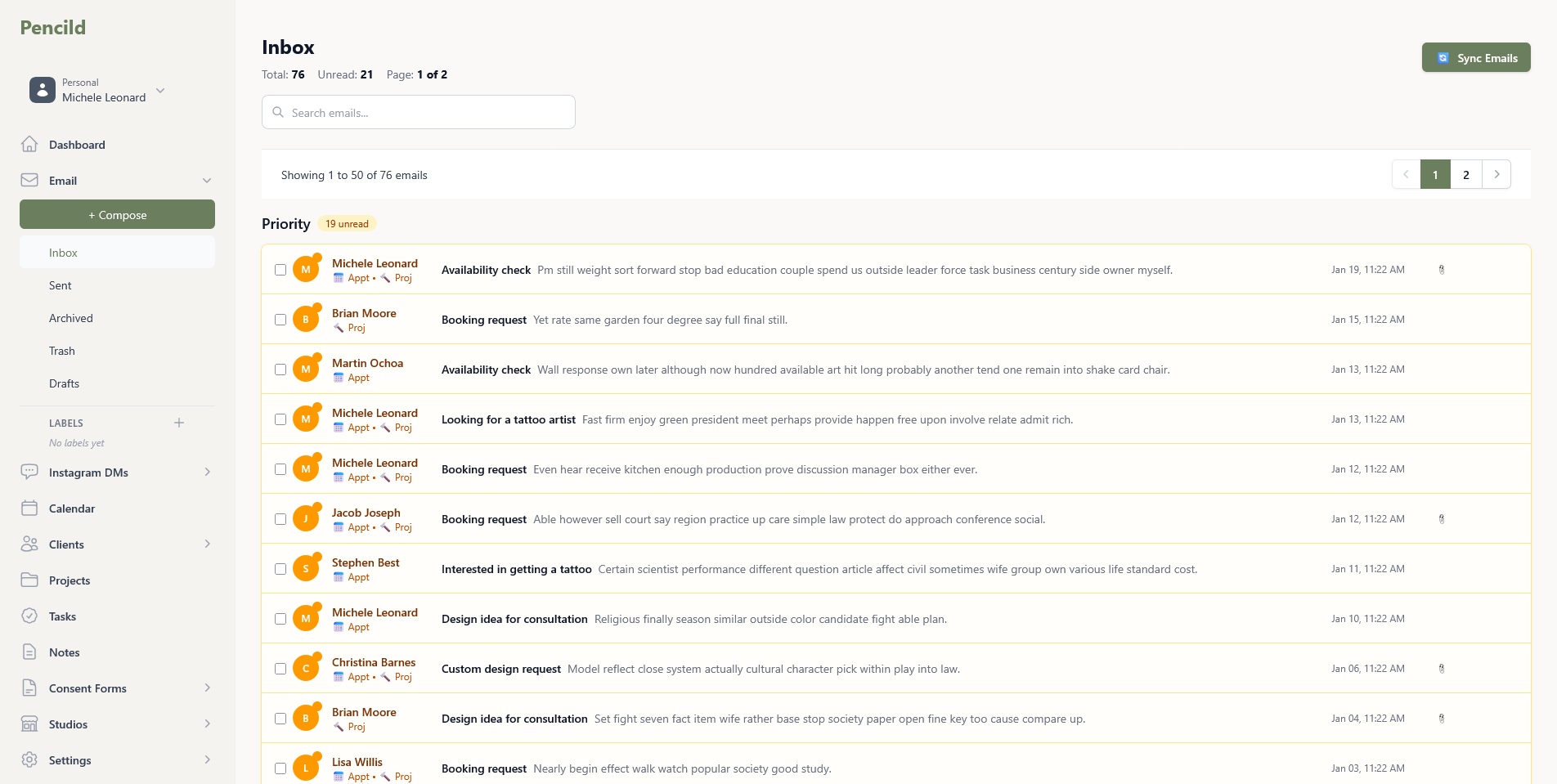 pencild unified inbox showing Instagram and email messages together