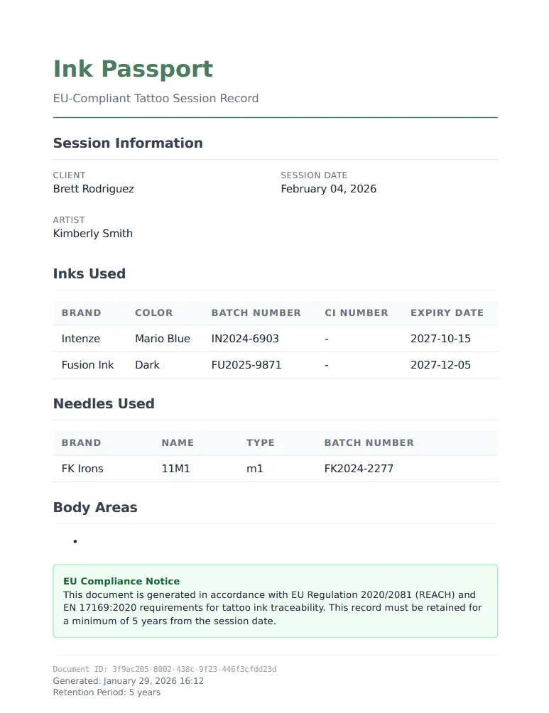 Example Ink Passport PDF document from pencild showing complete session documentation