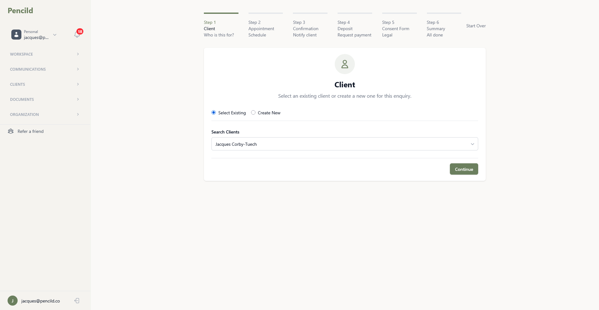 pencild intake wizard showing guided booking steps from client selection to consent form