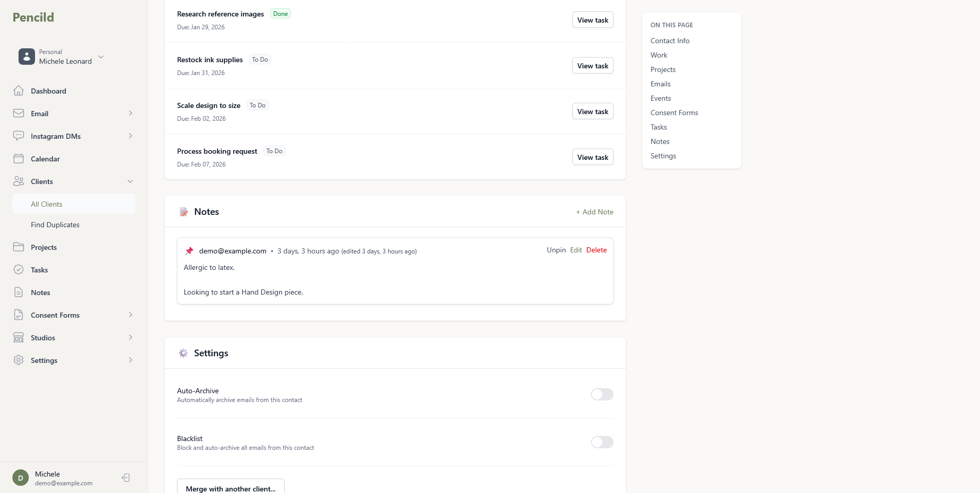 pencild pinned note on a client profile