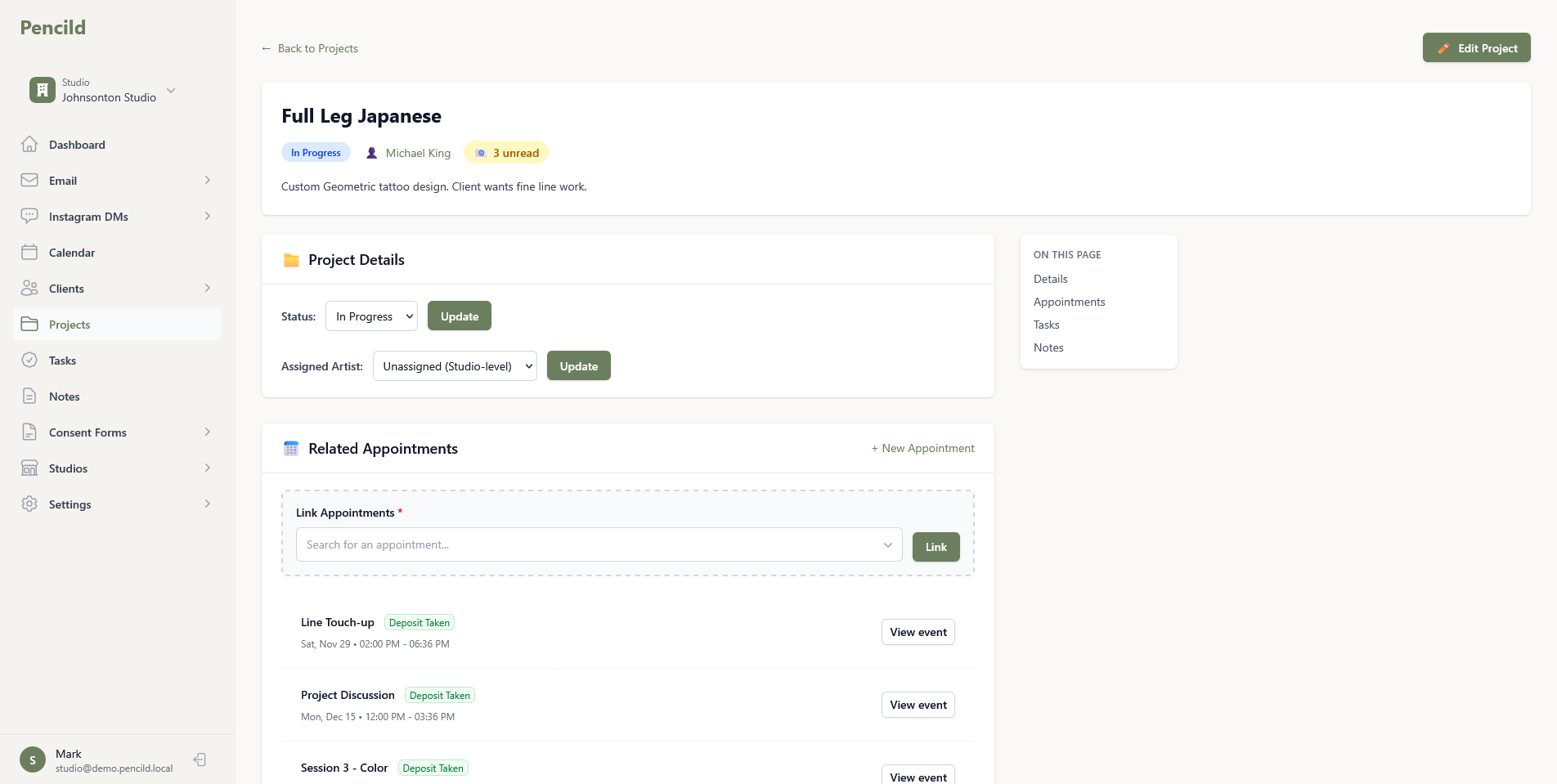 pencild project view showing tasks and progress tracking