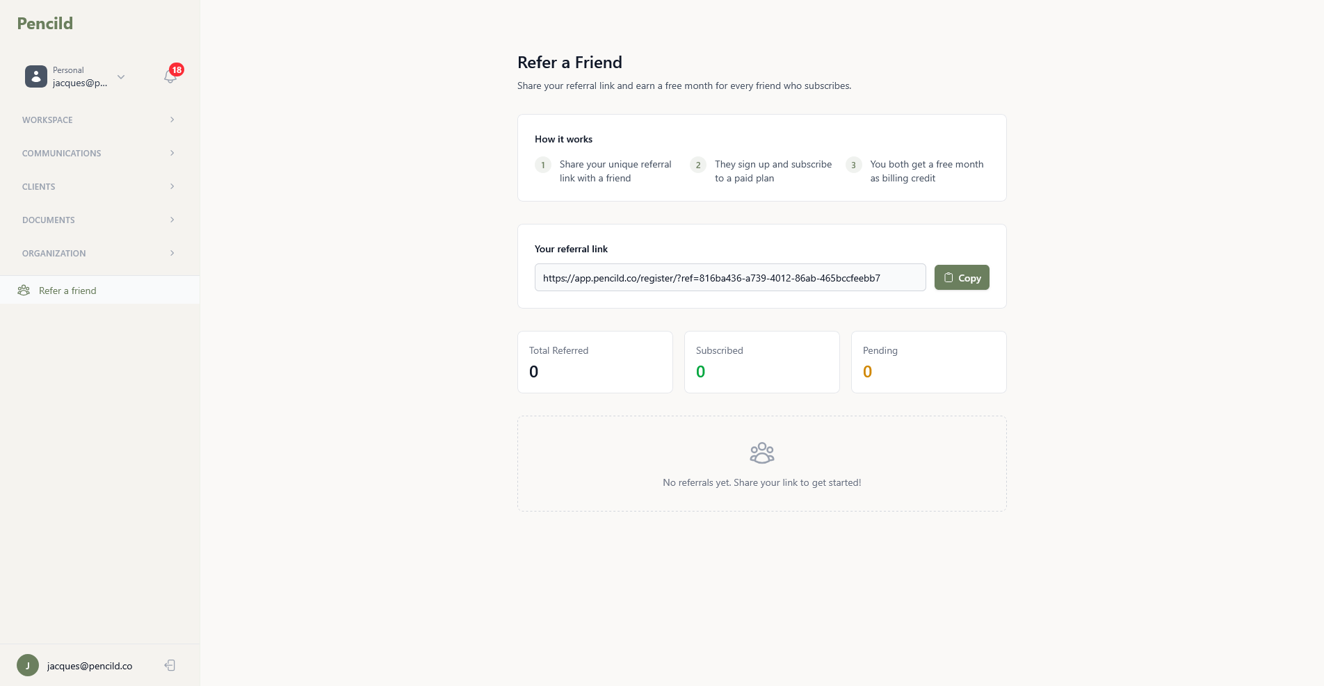 pencild referral program page showing unique referral link, tracking stats, and how it works