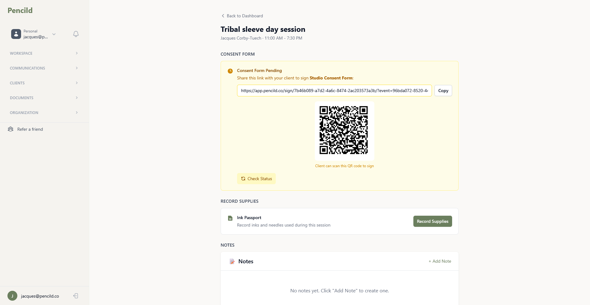 pencild session view showing consent form, supply recording, and notes for a tattoo appointment